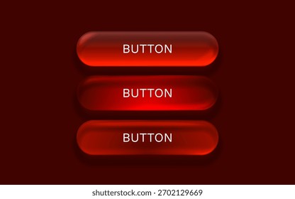 Modern UI buttons. Three glossy red action elements on dark background, ideal for web and app design. Vector illustration