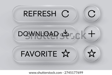 Modern UI design concept featuring refresh, download, and favorite buttons in a glassmorphism style. Vector illustration.