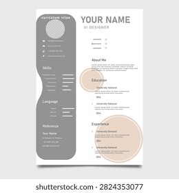 Modern UI Designer Resume CV Template with Minimal Professional Layout. Modern and minimalist UI designer resume CV template featuring a clean professional layout with dedicated sections for profile, contact information, skills, education, work experience, references, and languages. Fully editable A4 curriculum vitae designed for UI designers, digital creatives, freelancers, and portfolio-based job applications. Ideal for print and digital presentations, personal branding, and professional career development.
