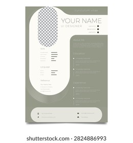 Modern UI Designer Resume CV Template with Minimal Professional Layout. Modern and minimalist UI designer resume CV template featuring a clean professional layout with dedicated sections for profile summary, contact information, professional skills, education, work experience, references, and languages. Fully editable A4 curriculum vitae template designed for UI designers, digital creatives, freelancers, and portfolio-based job applications. Ideal for print and digital presentations, personal branding, and career development.