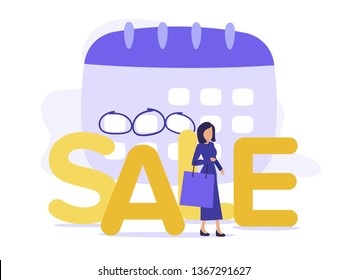 Modern UI flat calendar and discount sale concept. Woman with bag for shopping.