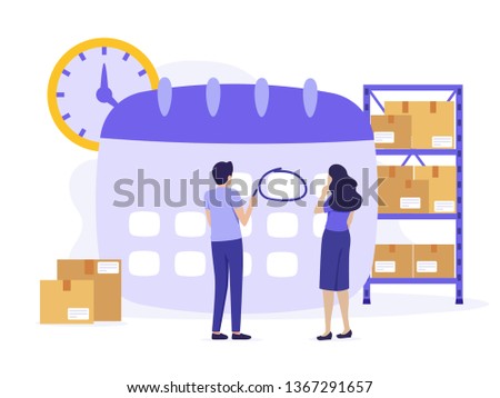 Modern UI flat calendar, watch and warehouse illustration. Workers planning schedule, making notes, time management  and logistics concept. Storage boxes in warehouse store. 