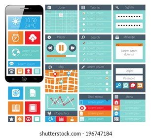 Modern UI flat design buttons, icons, windows and other web and interface elements isolated on white background