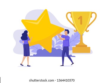 Modern UI flat illustration, concept of success, reach the goal, office people are holding a gold star in hands, celebrate the victory, the first place with the star, golden trophy cup.