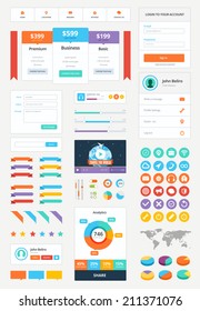 Modern UI flat vector kit webdesign. Adaptive web elements. Buttons, forms, interface elements, icons, audio player,sing up form, login form, price plans, video player, map, pin elements, user profile