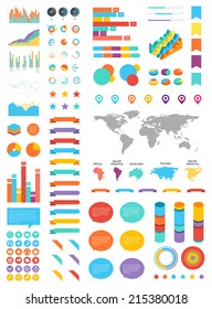 Modern UI flat vector kit web design. Adaptive web elements. Ribbons, forms, tables, graphics, speech bubbles, pie charts, forms, interface elements, text fields, world map vector, world continents.