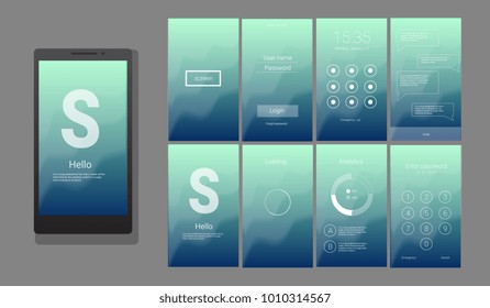 Modern UI, GUI screen vector design for mobile app with UX and flat web icons. Wireframe kit for Lock Screen, Login page, Enter Passcode, Application Loading, Text Messages and Stats Chart.