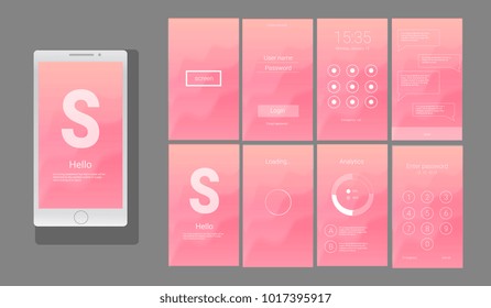 Modern UI, GUI screen vector design for mobile app with UX and flat web icons. Wireframe kit for Lock Screen, Login page, Enter Passcode, Application Loading, Text Messages and Stats Chart.