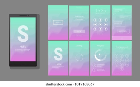 Modern UI, GUI screen vector design for mobile app with UX and flat web icons. Wireframe kit for Lock Screen, Login page, Enter Passcode, Application Loading, Text Messages and Stats Chart.
