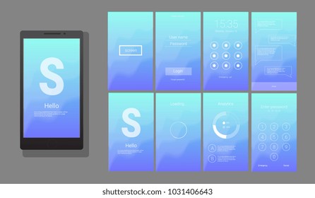 Modern UI, GUI screen vector design for mobile app with UX and flat web icons. Wireframe kit for Lock Screen, Login page, Enter Passcode, Application Loading, Text Messages and Stats Chart.