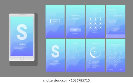Modern UI, GUI screen vector design for mobile app with UX and flat web icons. Wireframe kit for Lock Screen, Login page, Enter Passcode, Application Loading, Text Messages and Stats Chart.