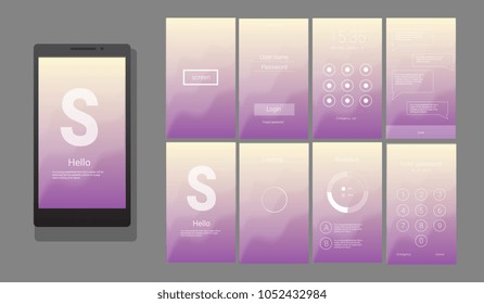 Modern UI, GUI screen vector design for mobile app with UX and flat web icons. Wireframe kit for Lock Screen, Login page, Enter Passcode, Application Loading, Text Messages and Stats Chart.