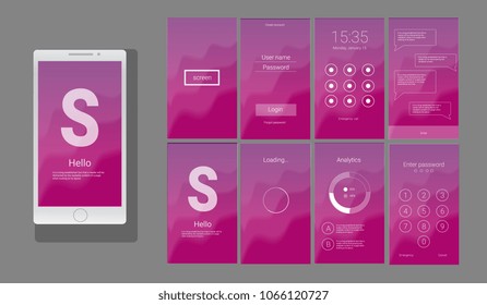Modern UI, GUI screen vector design for mobile app with UX and flat web icons. Wireframe kit for Lock Screen, Login page, Enter Passcode, Application Loading, Text Messages and Stats Chart.