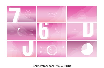 Modern UI, GUI screen vector horizontal design for business presentation slides or website page. Gradient color kit with Login page, Enter Passcode, User call, Data Diagram and Stats Chart.