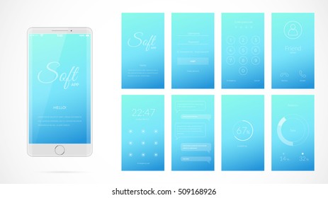 Modern UI, GUI screen vector design for mobile app with UX and flat web icons. Wireframe kit for Lock Screen, Login page, Enter Passcode, User call, Application Loading, Text Messages and Stats Chart.