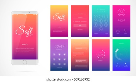 Modern UI  GUI screen vector design for mobile app and UX   flat web icons  Wireframe kit for Lock Screen  Login page  Enter Passcode  User call  Application Loading  Text Messages   Stats Chart 