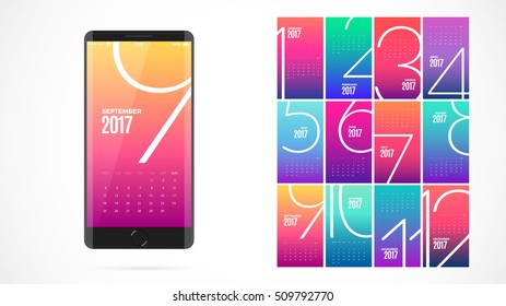 Modern UI, GUI screen vector design for mobile app with UX and flat web icons. Color calendar for the year 2017.