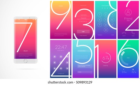 Modern UI, GUI Screen Vector Design For Mobile App With UX And Flat Web Icons. Wireframe Kit For Lock Screen, Login Page, Enter Passcode, User Call, Application Loading, Text Messages And Stats Chart.