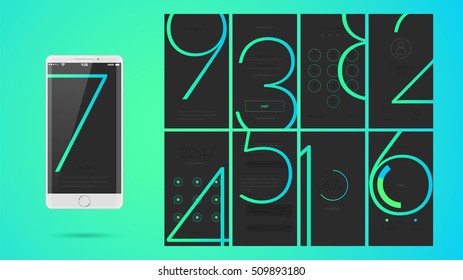 Modern UI, GUI screen vector design for mobile app with UX and flat web icons. Wireframe kit for Lock Screen, Login page, Enter Passcode, User call, Application Loading, Text Messages and Stats Chart.