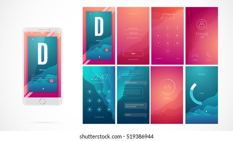 Modern UI, GUI Screen Vector Design For Mobile App With UX And Flat Web Icons. Wireframe Kit For Lock Screen, Login Page, Enter Passcode, User Call, Application Loading, Text Messages And Stats Chart.