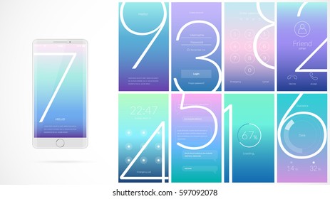 Modern UI  GUI screen vector design for mobile app and UX   flat web icons  Wireframe kit for Lock Screen  Login page  Enter Passcode  User call  Application Loading  Text Messages   Stats Chart 