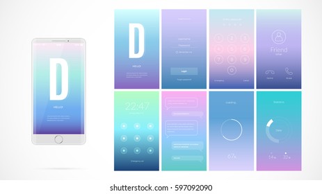 Modern UI, GUI screen vector design for mobile app with UX and flat web icons. Wireframe kit for Lock Screen, Login page, Enter Passcode, User call, Application Loading, Text Messages and Stats Chart.