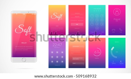 Modern UI, GUI screen vector design for mobile app with UX and flat web icons. Wireframe kit for Lock Screen, Login page, Enter Passcode, User call, Application Loading, Text Messages and Stats Chart.