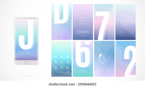 Modern UI, GUI vertical screen vector design for mobile app with UX and flat web icons. Wireframe kit for Lock Screen, Login page, Enter Passcode, User call, Text Messages and Stats Chart.