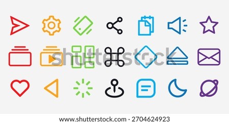 Modern UI icon pack with arrows, folders, settings, share, mail, star, and link elements. Ideal for apps, websites, and interface design.