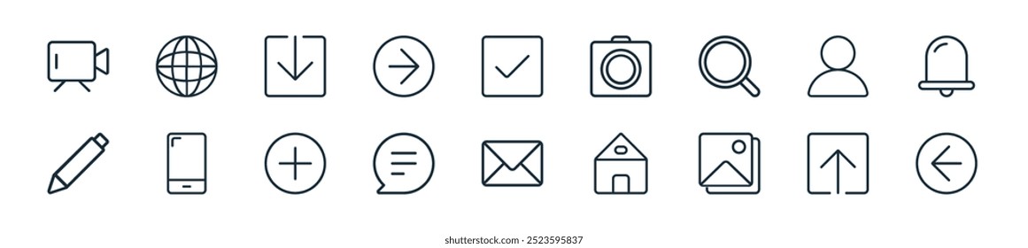 moderno ui icon pack. perfeito para projetos de iu linear com seta vetor esquerda, botão de upload, imagem, casa, envelope, bate-papo, botão plus e mais ícones para aplicativos móveis e web.