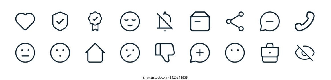 modern ui icon pack. perfect for linear ui designs featuring vector eye, briefcase, face, add, dislike, face, home and more icons for mobile and web apps.