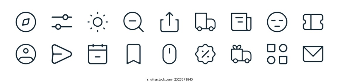 Perfecto para diseños de interfaz de usuario lineal con correo electrónico de Vector, categoría, entrega, descuento, clicker del mouse, marcador, calendario y más iconos para App móviles y de Web.