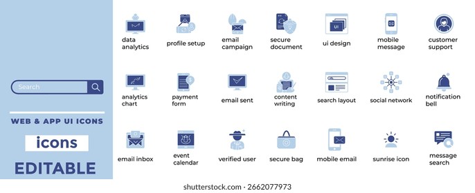 Ícones modernos de interface do usuário para design de aplicativos e Web, criados para proporcionar estética limpa, interfaces digitais e experiência contínua do usuário.