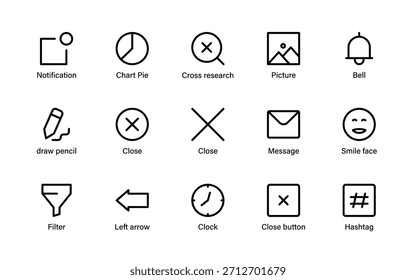 Modern UI interface icons collection. Navigation tools, action controls, media symbols, gestures, and essential interface elements