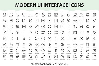 Colección de iconos de interfaz de usuario moderna. símbolos de navegación, herramientas multimedia, gestos, acciones y componentes de interfaz de usuario modernos.