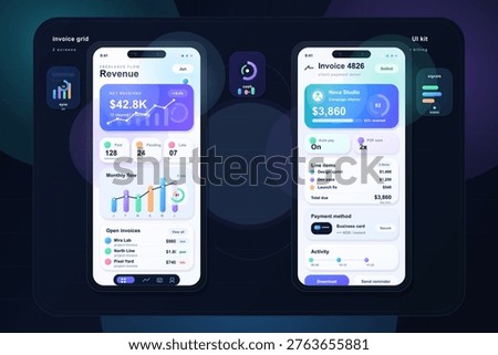 Modern UI kit design for a mobile invoicing and revenue tracking app, featuring two smartphone screens with colorful charts, payment details, and financial analytics.