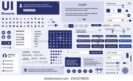 Modern UI kit featuring a collection of essential buttons, icons, and navigation elements for websites and mobile apps. Ideal for responsive design and dashboards.
