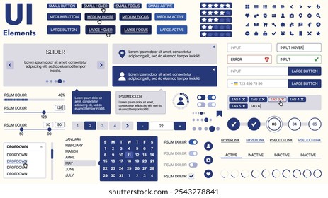 Kit de interface do usuário moderno com uma coleção de botões essenciais, ícones e elementos de navegação para sites e aplicativos móveis. Ideal para design e painéis com grande capacidade de resposta.