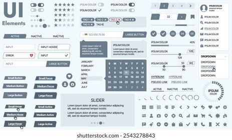 Modern UI kit featuring a collection of essential buttons, icons, and navigation elements for websites and mobile apps. Ideal for responsive design and dashboards.