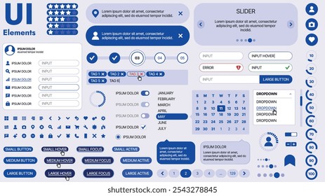 Kit de interface do usuário moderno com uma coleção de botões essenciais, ícones e elementos de navegação para sites e aplicativos móveis. Ideal para design e painéis com grande capacidade de resposta.