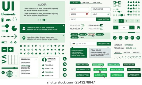 Modern UI kit featuring a collection of essential buttons, icons, and navigation elements for websites and mobile apps. Ideal for responsive design and dashboards.