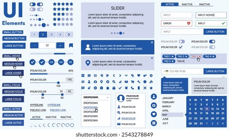 Modernes UI-Kit mit einer Sammlung wichtiger Schaltflächen, Symbole und Navigationselemente für Websites und mobile Apps. Ideal für reaktionsschnelles Design und Dashboards.