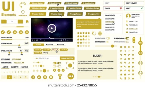 Moderno kit de interfaz de usuario con una colección de Botones esenciales, íconos y Elementos de navegación para Sitios web y App móviles. Ideal para un diseño y paneles de control adaptables.