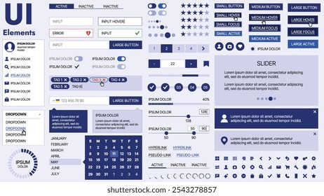 Moderno kit de interfaz de usuario con una colección de Botones esenciales, íconos y Elementos de navegación para Sitios web y App móviles. Ideal para un diseño y paneles de control adaptables.