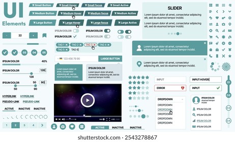 Modern UI kit featuring a collection of essential buttons, icons, and navigation elements for websites and mobile apps. Ideal for responsive design and dashboards.