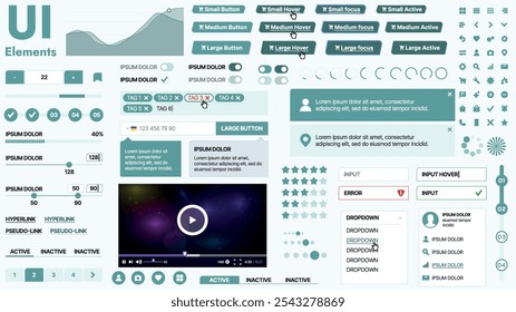 Modern UI kit featuring a collection of essential buttons, icons, and navigation elements for websites and mobile apps. Ideal for responsive design and dashboards.