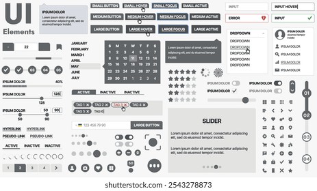 Modern UI kit featuring a collection of essential buttons, icons, and navigation elements for websites and mobile apps. Ideal for responsive design and dashboards.