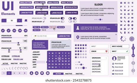 Kit de interface do usuário moderno com uma coleção de botões essenciais, ícones e elementos de navegação para sites e aplicativos móveis. Ideal para design e painéis com grande capacidade de resposta.