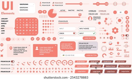 Moderno kit de interfaz de usuario con una colección de Botones esenciales, íconos y Elementos de navegación para Sitios web y App móviles. Ideal para un diseño y paneles de control adaptables.