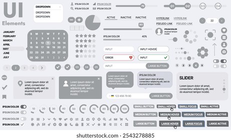 Modern UI kit featuring a collection of essential buttons, icons, and navigation elements for websites and mobile apps. Ideal for responsive design and dashboards.